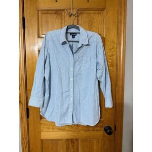 Lands End Womens Blue Stripe Yellow Dot Button Up Shirt Plus Size 1X